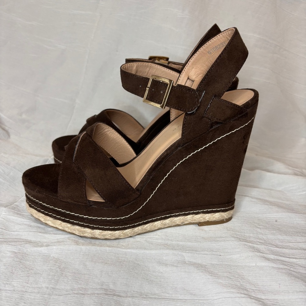 New Look Platform Wedge Shoes/Sandals Cross Straps Ankle Strap Brown Size 6